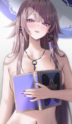1girl absurdres blush boobs_in_book_(meme) book book_on_breasts breasts brown_hair collarbone commentary covering_breasts covering_privates english_commentary hat herta_(honkai:_star_rail) highres holding holding_book honkai:_star_rail honkai_(series) jewelry key key_necklace long_hair looking_at_viewer medium_breasts meme navel necklace nude open_book open_mouth purple_eyes simple_background solo stomach the_herta_(honkai:_star_rail) tongue tongue_out upper_body vitaminechan white_background witch_hat