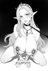 1girl all_fours bare_shoulders bdsm brassica breasts cleavage clenched_teeth collar collarbone earrings elf greyscale highres jewelry kneeling large_breasts leash lips long_hair monochrome necklace nipples original pointy_ears shadow slave solo teeth tiara