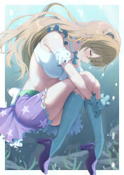 1girl absurdres aqua_gloves aqua_socks bandeau border breasts brown_hair closed_eyes commentary daydream_mermaid frilled_skirt frills full_body gloves hair_horns high_heels highres kneehighs konoe_kanata large_breasts long_hair love_live! love_live!_nijigasaki_high_school_idol_club love_live!_nijigasaki_high_school_idol_club_the_movie_-_finale miniskirt official_alternate_costume outside_border print_skirt profile purple_shoes purple_skirt shoes skirt socks solo star_(symbol) star_print underwater white_bandeau white_border yuu_(shampoohatslime)