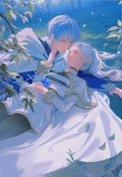 1boy 1girl absurdres belt black_belt black_pantyhose blue_eyes blue_hair blue_shirt blurry branch cape capelet chinese_commentary closed_mouth commentary_request couple depth_of_field earrings ei_(user_sjgf2435) elf eye_contact frieren gem gold_trim grass green_eyes hair_between_eyes hand_on_another&#039;s_cheek hand_on_another&#039;s_face hand_up hetero highres himmel_(sousou_no_frieren) holding_hands interlocked_fingers jewelry leaf long_hair long_sleeves looking_at_another lying on_back on_grass on_ground on_side outdoors outstretched_arm pantyhose parted_bangs parted_lips pointy_ears red_gemstone shirt short_hair skirt sleeve_cuffs smile sousou_no_frieren twintails white_cape white_capelet white_hair white_shirt white_skirt