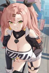 1girl amillion_(zenless_zone_zero) bangboo_(zenless_zone_zero) belt black_belt black_collar black_jacket black_ribbon black_thighhighs blush breasts cleavage clothes_grab clothes_writing clothing_cutout collar commentary cropped_jacket detached_collar earrings green_eyes green_nails grin hair_ornament hair_ribbon hairclip heart heart_collar heart_earrings highres huge_breasts jacket jewelry leaning_forward long_hair long_sleeves looking_at_viewer mole mole_on_breast mole_on_thigh mole_under_eye nicole_demara o-ring o-ring_belt open_clothes open_jacket outdoors pink_hair ribbon road satomi_(745684552) shirt_grab shoulder_cutout smile solo strapless street teeth thigh_belt thigh_strap thighhighs thighs tube_top white_tube_top zenless_zone_zero