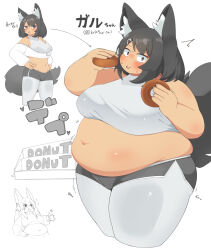 Rule 34 | 2girls, animal ear fluff, animal ears, arrow (symbol), artist name, bare shoulders, blush, borrowed character, breasts, claws, commentary request, cowboy shot, cropped legs, dolphin shorts, donut, english text, fat, fat woman, food, food on face, grey pantyhose, grey shorts, grey tail, hair between eyes, hair ornament, hairclip, hands on own hips, highres, holding, holding donut, holding food, large breasts, long sleeves, looking at viewer, looking to the side, medium hair, muffin top, multiple girls, multiple views, navel, nimo (b45ui), notice lines, okome8711, open mouth, original, pantyhose, parted lips, sanpaku, short shorts, shorts, simple background, sleeveless, sweat, tail, thick arms, thick thighs, thighs, thumbs up, translation request, twitter username, unzipped, upper body, white background, zipper, zipper pull tab