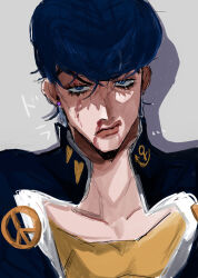 1boy anchor_ornament anchor_symbol angry black_hair blood blood_on_face blue_eyes cleavage_cutout clothing_cutout collarbone diamond_wa_kudakenai earrings eyelashes gakuran glaring grey_background half-closed_eyes heart higashikata_josuke highres jewelry jojo_no_kimyou_na_bouken looking_at_viewer male_focus matubaru_chan nosebleed partially_shaded_face peace_symbol pompadour school_uniform shadow shirt single_earring sketch solo stud_earrings yellow_shirt
