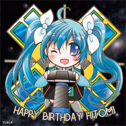 Rule 34 | 1girl, ahoge, blue eyes, blue hair, blush, camera, chibi, female focus, hair ornament, happy birthday, hitomi (spacecraft), kiriga yuki, long hair, looking at viewer, lowres, matching hair/eyes, one eye closed, personification, ribbon, satellite, shiny skin, smile, solar panel, solo, space, spacecraft, wink