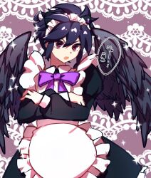 Rule 34 | 1boy, ahoge, androgynous, angel, angel wings, apron, black wings, bow, crossed arms, dark pit, ear piercing, feathered wings, frilled apron, frills, hair between eyes, highres, juliet sleeves, kid icarus, kid icarus uprising, ko iwari ngo, lace background, long sleeves, maid, maid apron, maid headdress, male focus, neck, nintendo, open mouth, piercing, puffy sleeves, purple background, purple bow, sidelocks, teeth, thick eyelashes, upper teeth only, v-shaped eyebrows, white apron, wings