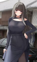 1girl artist_name asymmetrical_clothes bag black_shirt black_skirt blush borrowed_character breasts brown_hair car closed_mouth hand_on_own_hip handbag highres holding holding_bag keenh kondou_ayaka_(rc_f) large_breasts leather leather_skirt long_hair long_sleeves looking_to_the_side medium_skirt motor_vehicle original pantyhose pencil_skirt pink_eyes shirt side_slit sideways_glance skirt solo standing toyota_supra toyota_supra_mk_iii