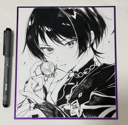 Rule 34 | 1boy, absurdres, anemo symbol (genshin impact), art tools in frame, blunt ends, bodysuit, bridal gauntlets, cape, covered collarbone, eyelashes, fingernails, genshin impact, highres, holding, japanese clothes, kimono, looking at viewer, male focus, mandarin collar, marker (medium), middle ring, open hand, parted lips, portrait, scaramouche (genshin impact), shoulder peek, solo, three quarter view, traditional media, tsurime, uru (shikuixi), vision (genshin impact), wanderer (genshin impact), wispy bangs