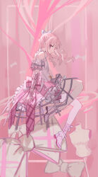 1other absurdres akiyama_mizuki ankle_bow ankle_ribbon arm_bow arm_ribbon bare_shoulders bare_tree bow closed_mouth commentary dress expressionless eyelashes floating_hair frilled_dress frills full_body hair_bow high_heels highres kurattes leg_ribbon long_hair mannequin other_focus pink_background pink_bow pink_eyes pink_hair pink_ribbon pink_shoes pink_theme project_sekai pumps ribbon shoes short_dress side_ponytail sidelocks sitting sleeveless sleeveless_dress solo tree wavy_hair white_bow white_dress