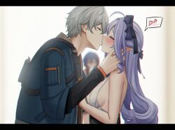 1boy 2girls absurdres ahoge belle_(zenless_zone_zero) black_shirt blurry blush bow breasts brother_and_sister closed_eyes commentary depth_of_field drill_hair drill_sidelocks ear_piercing english_commentary grey_hair hair_between_eyes hair_ornament heart hetero highres jacket kiss letter_hair_ornament letterboxed long_hair medium_breasts mole mole_under_eye multiple_girls piercing pointy_ears profile purple_bow purple_hair selcky shirt siblings sideboob_cutout sidelocks sleeveless vivian_banshee wise_(zenless_zone_zero) zenless_zone_zero