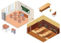 absurdres board_eraser bookshelf chair chalk chalkboard classroom clock commentary_request curtains desk diorama door heart highres lamp no_humans original rissenka sliding_doors table translation_request white_background window