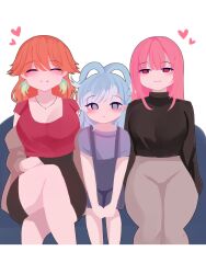 Rule 34 | 3girls, alternate costume, blush, breasts, couple, earrings, family, father and daughter, feather earrings, feathers, heart, highres, hololive, hololive english, hololive indonesia, jewelry, kobo kanaeru, large breasts, long hair, long sleeves, looking at another, mori calliope, mother and daughter, multicolored hair, multiple girls, pink hair, simple background, takanashi kiara, viqur, virtual youtuber, white background, wife and wife, yuri