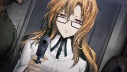 1girl 2boys adam&#039;s_apple black_trim blonde_hair breasts buttons closed_mouth collarbone collared_shirt door dutch_angle game_cg glasses gun hair_between_eyes handgun head_out_of_frame high_collar highres holding holding_gun holding_weapon huke indoors jitome kiryuu_moeka long_hair looking_at_viewer medium_breasts multiple_boys muscular muscular_male non-web_source official_art pink_eyes ringed_eyes shiny_lips shirt sleeve_slit square_pupils steins;gate steins;gate:_linear_bounded_phenogram weapon white_shirt