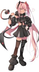 1girl akaneko016 bare_shoulders black_boots black_skirt black_thighhighs blush boots breasts chloe_von_einzbern dark-skinned_female dark_skin demon_horns demon_tail demon_wings fate/grand_order fate_(series) full_body grin hairband highres horns long_hair looking_at_viewer navel orange_eyes pink_hair sidelocks skirt small_breasts smile solo stomach_tattoo tail tattoo thighhighs wings