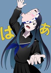 Rule 34 | 1girl, ado (utaite), black eyes, black hair, black sailor collar, black serafuku, black shirt, black skirt, blue background, blue hair, blue neckerchief, chando (ado), colored inner hair, commentary request, corrupted twitter file, ego rock (vocaloid), highres, long hair, long sleeves, mask, multicolored hair, neckerchief, nori (norinori yrl), open mouth, pleated skirt, sailor collar, school uniform, serafuku, shirt, sidelocks, simple background, skirt, solo, teeth, utaite