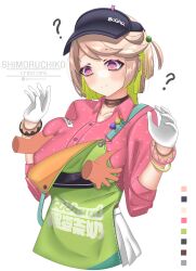 1boy 1girl ? ?? absurdres apron arms_up black_hat blonde_hair breasts candy coco_(zenless_zone_zero) colored_inner_hair confused disembodied_hand donut_bracelet dress food gloves grabbing_another&#039;s_breast green_apron groping hat highres large_breasts lollipop multicolored_eyes multicolored_hair name_tag pink_pupils pink_shirt polka_dot polka_dot_shirt shimoruchiko shirt short_sidetail simple_background skirt solo spoken_question_mark sweat twitter_username two-tone_apron two-tone_eyes white_background white_gloves white_skirt wolf_cut zenless_zone_zero