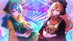 2girls abstract_background apron arm_ribbon belt black_belt black_dress black_hat black_nails blonde_hair blue_hair blue_nails blush bow breasts chinese_clothes closed_mouth commentary commission controller crescent crescent_print dalachi_(headdress) double_bun dress english_commentary flower frills green_apron green_bow green_headscarf hair_between_eyes hair_bun hair_ribbon hammer haniwa_(statue) haniyasushin_keiki hat headphones headscarf holding holographic_interface jewelry joutouguu_mayumi joystick junko_(touhou) long_hair long_sleeves looking_at_another looking_at_viewer magatama magatama_necklace mandarin_collar medium_breasts microphone multicolored_nails multiple_girls nail_polish neck_ribbon necklace open_mouth orange_hair phoenix_print pocket puffy_short_sleeves puffy_sleeves red_eyes red_nails red_tabard ribbon rinkaito1231 short_hair short_sleeves sitting skeb_commission smile tabard tongue tongue_out touhou turtleneck turtleneck_dress white_flower white_ribbon wide_sleeves wood_carving_tool yellow_dress yellow_ribbon