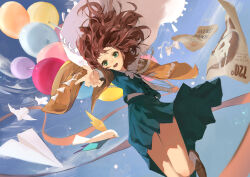 1girl :d absurdres amamiyadagashi balloon bird blue_eyes blue_skirt blue_sky blue_vest brown_cloak brown_hair brown_shoes cape cloak cloud dutch_angle flutterpage flying_paper foot_out_of_frame hair_floating_upwards highres holding holding_balloon leg_up long_hair looking_at_viewer miniskirt open_mouth outstretched_arm paper paper_airplane reverse:1999 shirt shoes skirt sky smile socks solo vest white_cape white_shirt white_socks