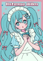 1girl :o apron blue_background blue_bow blue_dress blue_nails blush_stickers border bow character_name commentary dress frilled_apron frills hair_between_eyes hair_bow hair_ornament hairclip hands_up hatsune_miku heart highres leaning_to_the_side long_hair looking_at_viewer maid maid_apron maid_headdress miku_day nail_polish neki_(wakiko) own_hands_together pink_border pink_bow puffy_short_sleeves puffy_sleeves short_sleeves solo striped_clothes striped_dress twintails vertical-striped_clothes vertical-striped_dress very_long_hair vocaloid white_apron