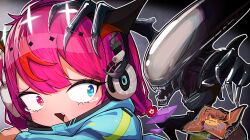 1girl absurdres alien_(series) blue_eyes character_request chibi copyright_request double_halo getto halo headphones heterochromia highres hololive hololive_english horns irys_(gaming_casual)_(hololive) irys_(hololive) purple_eyes purple_hair star_halo tears virtual_youtuber xenomorph