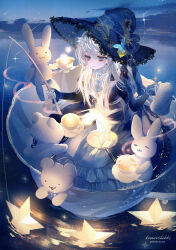 1girl aegyo_sal artist_name black_dress black_hat blue_eyes bow butterfly_hat_ornament cloud commentary_request dress fishing fishing_rod hat hat_bow hat_ornament highres holding holding_fishing_rod holding_teapot komorihikki lake long_hair long_sleeves night original oversized_object parted_lips shirt sitting solo star_(sky) star_(symbol) stuffed_animal stuffed_rabbit stuffed_toy tea_party teapot teddy_bear turtleneck turtleneck_shirt twitter_username white_hair white_shirt witch witch_hat