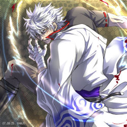00s 1boy 2007 bandages battle blood boots dated epic gintama japanese_clothes male_focus manly mosaic_background off_shoulder ranji red_eyes robe sakata_gintoki short_hair solo sword weapon white_hair