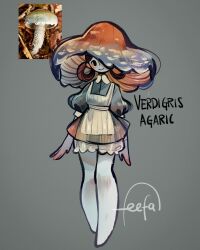 1girl character_name colored_skin dress feefal full_body fungi hair_rings highres monster_girl mushroom mushroom_girl mushroom_hat object_and_personification original personification photo_inset reference_inset signature simple_background smile