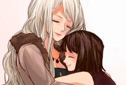 2girls ^_^ aged_down black_hair blunt_bangs child closed_eyes closed_mouth coat fur-trimmed_coat fur_trim highres hug long_hair mother_and_daughter multiple_girls nico_olvia nico_robin one_piece simple_background sinoda_maru7326 smile white_background white_hair