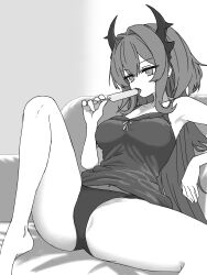 1girl arknights bare_shoulders breasts commentary_request greyscale hair_between_eyes highres horns large_breasts long_hair looking_at_viewer monochrome navel panties rainyghostdance_(migumo) solo surtr_(arknights) thighs underwear