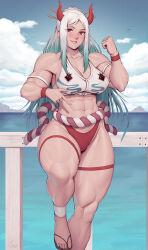 1girl abs absurdres arm_up bare_shoulders blush bow breasts brown_eyes clenched_hand cloud cloudy_sky eyelashes female_focus flip-flops gradient_hair highres horns large_breasts leg_up long_hair looking_at_viewer multicolored_hair muscular muscular_female navel ocean one_piece oni_horns outdoors panties pointing red_horns red_panties rope sandals shimenawa sidelocks sky smile solo speedl00ver thick_thighs thighs tomboy two-tone_hair underwear white_bow white_hair wristband yamato_(one_piece)