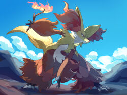 animal_ear_fluff blue_sky branch closed_mouth cloud commentary delphox fighting_stance fire full_body furry fusenryo gen_6_pokemon holding holding_branch legs_apart multicolored_fur nintendo outdoors pokemon pokemon_(creature) red_eyes red_fur serious sky snout solo standing tail white_fur yellow_fur