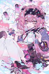 1girl absurdres animal_ears arknights black_collar black_hairband black_skirt boots braid cat_ears cat_tail collar commentary ghost goldenglow_(arknights) hairband highres jack-o&#039;-lantern jacket lightning_bolt_print medium_hair parted_lips pink_boots pink_eyes pink_hair pink_jacket print_hairband shirt skirt solo symbol-only_commentary tail taowu_(20809) thighhighs white_shirt white_thighhighs