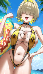 1girl absurdres black_choker blonde_hair blush breasts choker curvy elegg_(boom_and_shock)_(nikke) elegg_(nikke) goddess_of_victory:_nikke hair_over_eyes hand_on_own_hip highres large_breasts murding navel official_alternate_costume open_mouth outdoors short_hair slingshot_swimsuit solo swimsuit thigh_gap yellow_slingshot_swimsuit