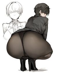 1girl :3 ass ass_focus black_hair black_pantyhose black_suit blush cleft_of_venus covered_eyes doppel_(bonnypir) earrings formal_clothes hair_over_eyes high_heels highres jewelry looking_back multiple_views necktie office office_lady original pantyhose pussy skirt skirt_suit solo squatting suit thong underwear white_background