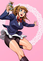 Rule 34 | 10s, 1girl, bike shorts, black legwear, blue eyes, breasts, brown hair, female focus, gundam, gundam build fighters, gundam build fighters try, hoshino fumina, matsuda shin, ponytail, solo, winning gundam