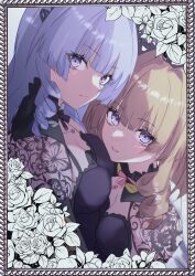 2girls absurdres assault_lily asymmetrical_docking black_hairband black_ribbon black_shirt blonde_hair blue_gemstone blunt_bangs border breast_press breasts cleavage closed_mouth commentary drill_hair drill_sidelocks flower frilled_shirt frills from_side gem ginran&#039;gyoku gradient_background grey_background grey_hair hairband highres houji_tea_latte jewelry kinran&#039;gyoku lace_sleeves light_smile long_hair long_sleeves looking_at_viewer looking_to_the_side medium_breasts multiple_girls neck neck_ribbon ornate_border parted_lips pendant pink_gemstone pink_ribbon purple_eyes ribbon rose shirt siblings sidelocks sisters twins upper_body white_flower white_rose