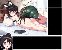 1girl aftersex ahoge animal_ears animated anus ass bed bedroom bestiality black_hair black_panties blush bow bow_panties bug carrot_caramel_batake_(artist) cum cum_in_ass cum_in_pussy dialogue_box fake_animal_ears fly hairband heart heart_panties heart_print highres indoors insect loli looking_at_viewer looking_back lying nude on_bed on_stomach panties unworn_panties penis print_panties prone_bone pussy rabbit_ears rabbit_girl rabbit_tail red_eyes sex sex_from_behind stomach_bulge stuffed_animal stuffed_toy tagme tail thick_thighs thighs trembling uncensored underwear video video white_sleeves