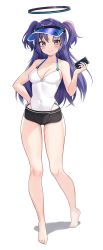 1girl absurdres bare_arms bare_legs bare_shoulders barefoot black_shorts blue_archive blue_eyes blue_hair breasts cleavage covered_navel full_body halo halterneck hand_on_own_hip highres holding long_hair looking_at_viewer medium_breasts micro_shorts one-piece_swimsuit pn_(wnsl216) shorts smile solo standing swimsuit thighs two_side_up visor_cap white_one-piece_swimsuit yuuka_(blue_archive)