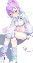 1girl absurdres braid breasts crop_top demon_tail demon_wings ear_piercing gloves green_eyes grey_socks highres hololive hood hood_down knee_pads long_hair long_sleeves looking_at_viewer micro_shorts midriff multicolored_hair navel navel_piercing parted_lips piercing purple_hair ribbed_shirt see-through_clothes see-through_sleeves shirt shoes shorts sitting small_breasts socks solo stomach stomach_tattoo streaked_hair suumon tail tattoo thighs tokoyami_towa tokoyami_towa_(cyberpunk) very_long_hair virtual_youtuber white_background white_gloves white_shirt wings