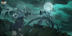 2girls assault_rifle black_gloves blue_hair blusphere_(girls&#039;_frontline_2) cloud cloudy_sky dalanxia girls&#039;_frontline girls&#039;_frontline_2:_exilium gloves gun highres hk416_(girls&#039;_frontline) holding holding_weapon klukai_(girls&#039;_frontline_2) moon multiple_girls official_art rifle sky standing weapon