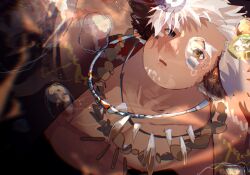 1boy absurdres air_bubble alternate_facial_hair animal_ears asphyxiation asymmetrical_horns bara bubble cow_boy cow_ears cow_horns drowning dutch_angle eye_black facial_hair feather_necklace fiery_horns forked_eyebrows glowing_horns goatee_stubble highres horns jewelry kauri097 long_sideburns male_focus mismatched_horns muscular muscular_male necklace short_hair sideburns sideburns_stubble solo stubble thick_eyebrows tokyo_houkago_summoners tribal underwater upper_body wakan_tanka wakan_tanka_mugen