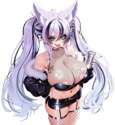 1girl ahoge animal_ear_fluff animal_ears belt black_belt black_choker black_eyeshadow black_hair black_jacket black_nails black_skirt breasts butterfly_tattoo can capycapy chest_tattoo choker cleavage collarbone commission corrupted_twitter_file earrings eyeshadow fishnet_thighhighs fishnets fur-trimmed_jacket fur_trim green_eyes hair_between_eyes hand_on_own_hip highres holding holding_can huge_breasts jacket jewelry makeup midriff miniskirt monster_energy multicolored_hair navel open_clothes open_jacket original piercing skindentation skirt solo spiked_choker spikes streaked_hair tattoo thighhighs tongue tongue_out tongue_piercing torn_clothes twintails white_background white_hair