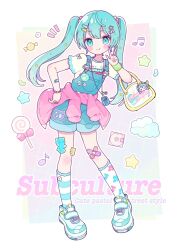 1girl :q asymmetrical_legwear bag bandaid bandaid_on_arm bandaid_on_knee bandaid_on_leg blue_eyes blue_hair blue_nails blue_overalls blue_shoes blue_socks blush bracelet candy closed_mouth food full_body hair_bobbles hair_ornament hand_up hashtag-only_commentary hatsune_miku highres jewelry lollipop long_hair looking_at_viewer mismatched_legwear musical_note musical_note_print nagihoko nail_polish overalls print_socks shirt shoes short_sleeves smile socks solo standing striped_clothes striped_socks swirl_lollipop tongue tongue_out twintails vocaloid w white_shirt white_socks wristband