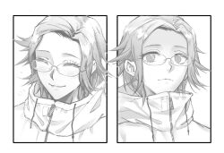 1boy aotsuki_eito closed_mouth eyelashes frown glasses greyscale highres looking_at_viewer male_focus monochrome multiple_expressions parted_hair smile solo solo_focus the_hundred_line_-last_defense_academy- upper_body zipper zipper_pull_tab