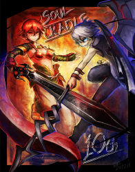 1boy 1girl ahoge bikini bikini_top_only blue_eyes breasts cleavage collar dated earrings gig_(soul_cradle) grey_hair holding holding_weapon jewelry midriff navel red_eyes red_hair revya_(female) short_hair soul_cradle swimsuit torihasiden weapon