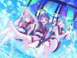 3girls :d air_bubble aqua_eyes aqua_hair arm_up bang_dream! barefoot bikini bubble cloud cloudy_sky dutch_angle floating_hair grey_hair hair_ornament hairclip hikawa_sayo long_hair low_ponytail minato_yukina multiple_girls ocean official_art open_mouth ponytail print_bikini purple_hair red_eyes sitting sky smile swimsuit swing swing_set swinging third-party_source twintails udagawa_ako umbrella water waving wind