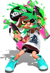 Rule 34 | 1girl, 3d, bare arms, baseball cap, bike shorts, blue shoes, eye mask, full body, grin, hat, holding, holding weapon, ink tank (splatoon), inkling, inkling girl, inkling player character, looking at viewer, miniskirt, multicolored hair, nintendo, official art, one eye closed, orange eyes, paint splatter, paint splatter on face, pink hair, red skirt, shoes, short eyebrows, short hair, sidelocks, skirt, smile, sneakers, solo, splat dualies (splatoon), splatoon (series), splatoon 2, standing, suction cups, surume (splatoon), tan, tank top, tentacle hair, thick eyebrows, transparent background, two-tone hair, v-shaped eyebrows, weapon, white tank top