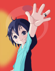 1girl alternate_costume alternate_hairstyle bandages blue_eyes blue_hair blush child closed_mouth eyebrows_hidden_by_hair eyelashes hand_up happy_sugar_life hospital_gown jewelry koube_shio looking_at_viewer maki46sri messy_hair red_background ring salute shadow short_hair solo spoilers wedding_ring