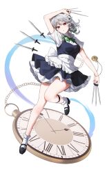 1girl between_fingers black_shoes blue_skirt blue_vest bow bowtie braid breasts chain clock faux_figurine full_body green_bow green_bowtie grey_hair hair_bow holding holding_knife izayoi_sakuya knife maid_headdress mary_janes medium_breasts medium_hair pocket_watch red_eyes sarukana second-party_source shirt shoes short_sleeves side_braids simple_background skirt socks solo touhou transparent_background vest watch white_shirt white_socks