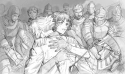 6+boys asymmetrical_gloves check_copyright chinese_commentary commentary_request copyright_request crying crying_with_eyes_open elbow_gloves epaulettes fingerless_gloves from_behind furrowed_brow gloves helm helmet highres holding holding_polearm holding_weapon hug knight long_sleeves male_focus mismatched_gloves multiple_boys original polearm ricemune723623 short_hair single_elbow_glove single_fingerless_glove teardrop tears thick_eyebrows upper_body weapon wrinkled_skin