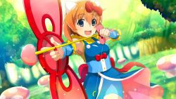 Rule 34 | 1girl, :d, animal ears, arrow (projectile), blue dress, blue eyes, blue shorts, blurry, bow, bow (weapon), cosplay, cowboy shot, depth of field, dress, dutch angle, fake animal ears, game cg, hair bow, hello kitty (character), hello kitty (character) (cosplay), highres, higurashi no naku koro ni, higurashi no naku koro ni mei, holding, holding arrow, holding bow (weapon), holding weapon, lens flare, mushroom, non-web source, official art, open mouth, orange hair, outdoors, pinafore dress, red bow, ryuuguu rena, shirt, shirt under dress, short hair, shorts, shorts under dress, sleeveless, sleeveless dress, sleeveless shirt, smile, solo, sparkle, standing, tree, weapon, yellow shirt